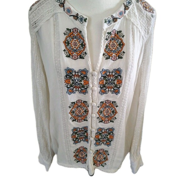 Idyllwind By Miranda Lambert Blouse Size L White Floral Embroidery Lace Rayon... - Picture 1 of 13